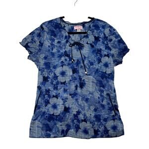 KOI Womens XL Blue Floral Scrub Top Short Sleeve Cotton Medical Nurse